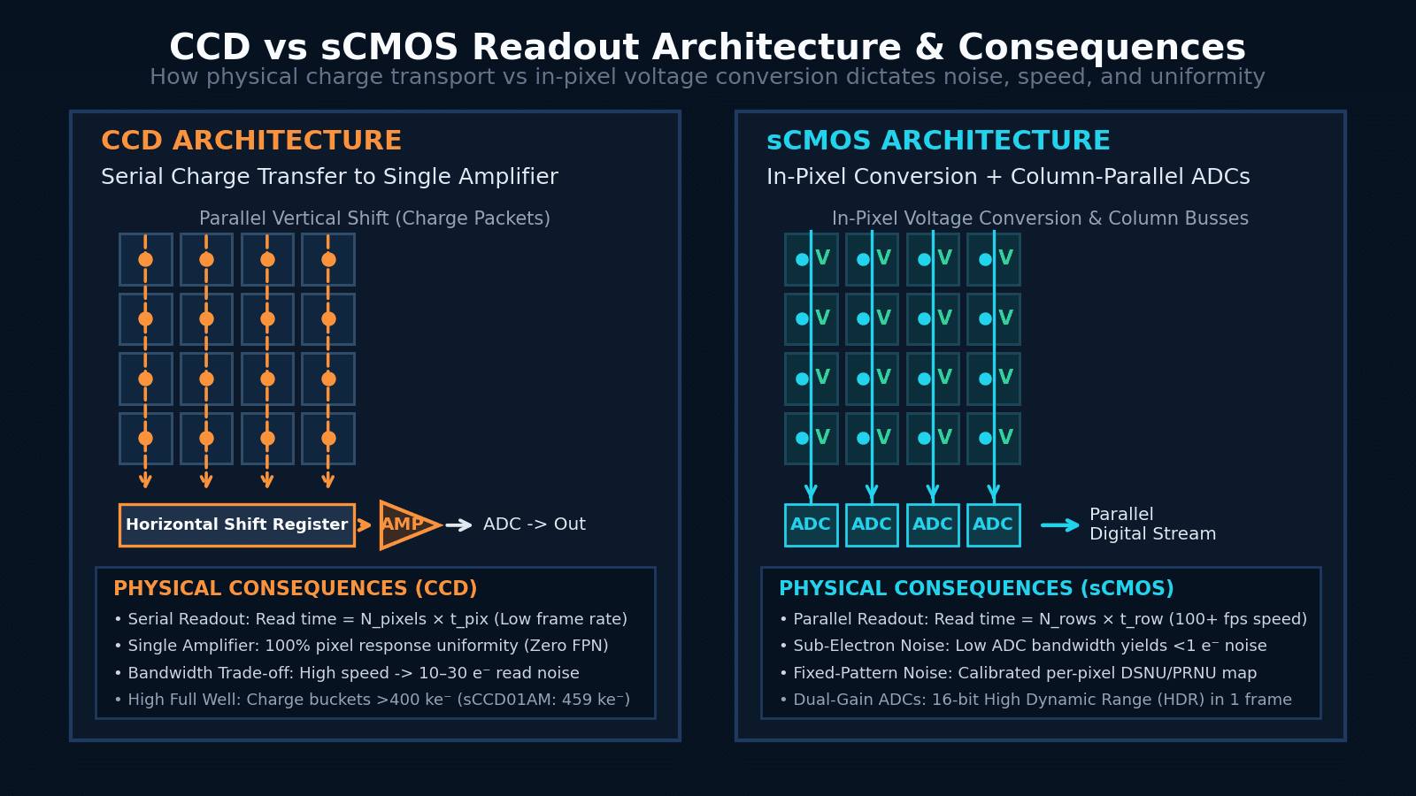 Diagram contrasting CCD serial charge transfer to a single corner amplifier against sCMOS parallel in-pixel conversion and per-column ADCs