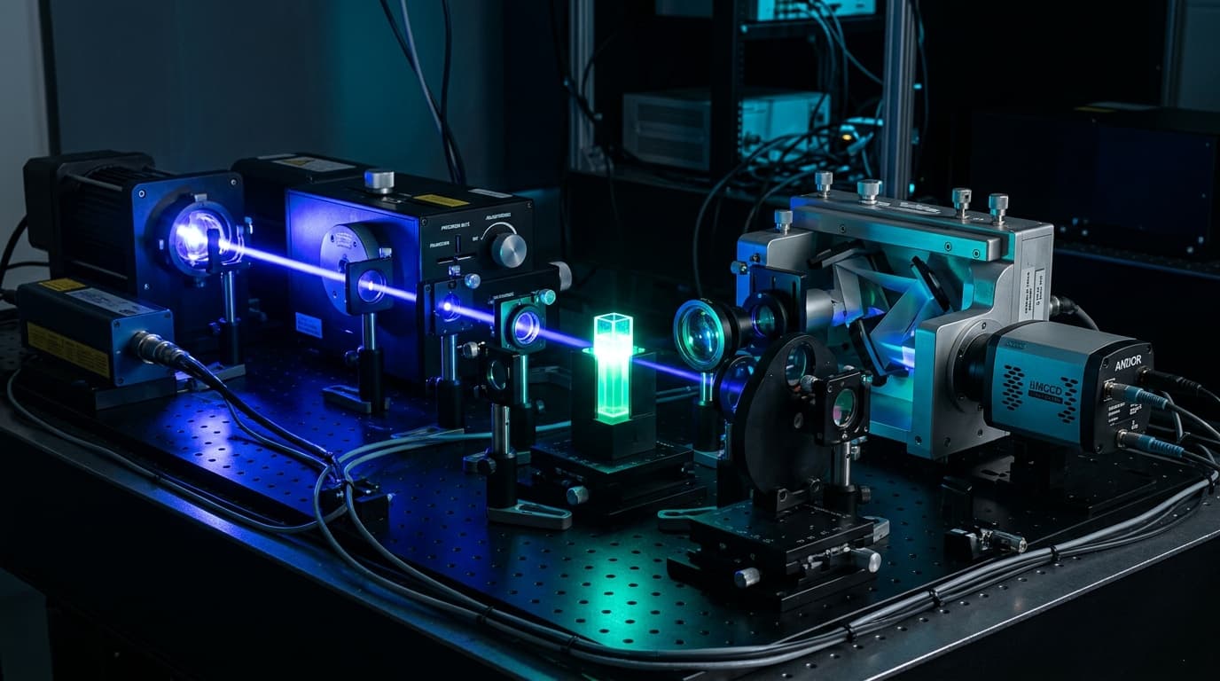 Optical bench layout of a fluorescence spectrometer showing excitation source, cuvette sample chamber, emission spectrograph and detectors