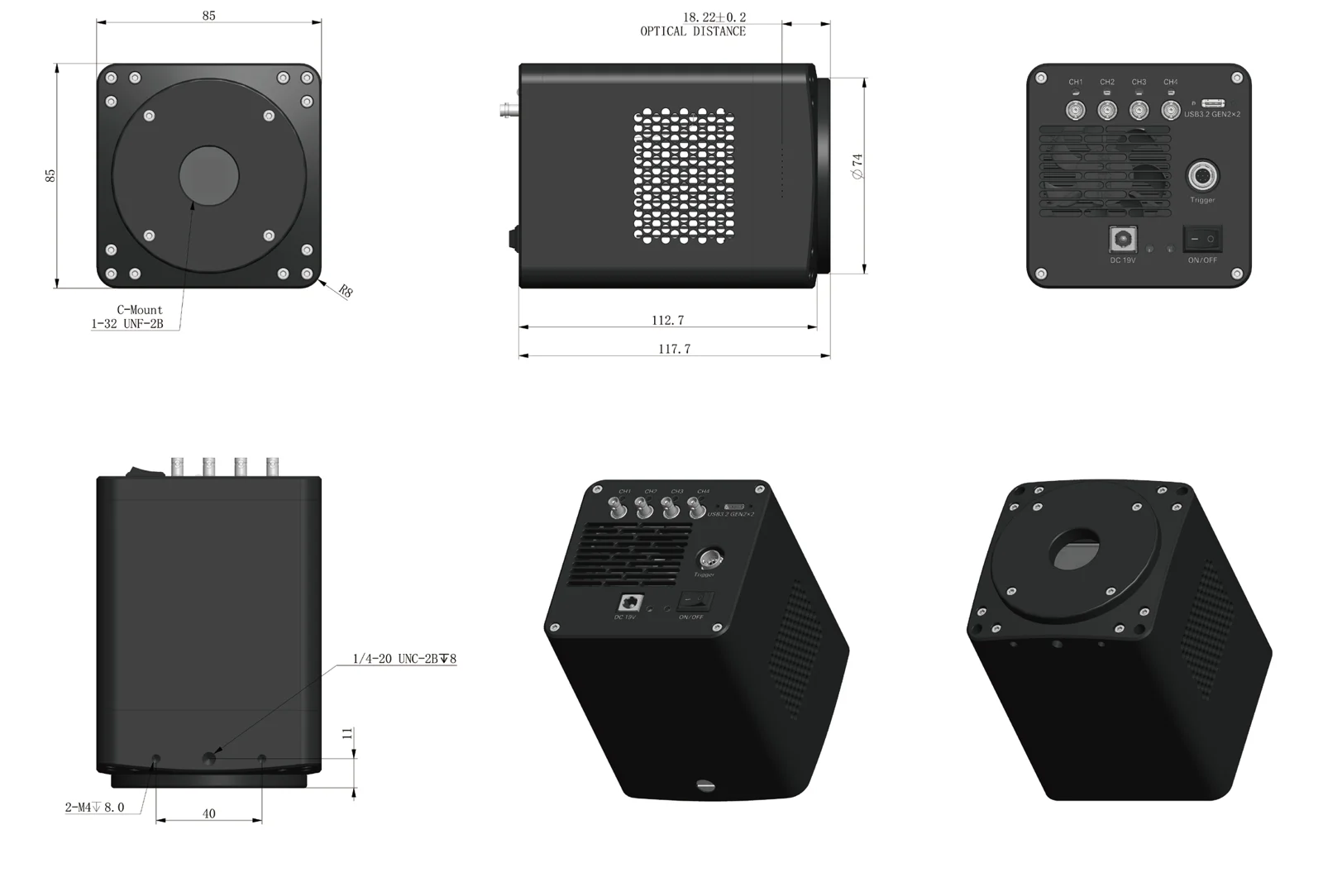 U20-CXP air-cooled housing dimensions (mm)