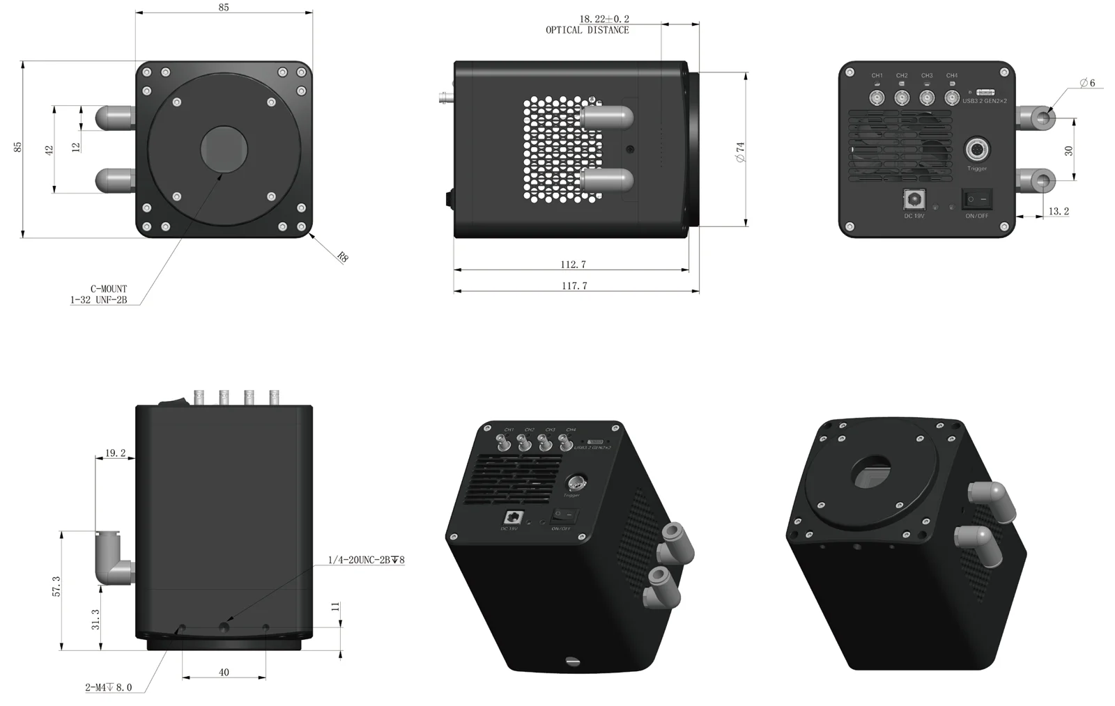 U20-CXP water-cooled housing dimensions (mm)