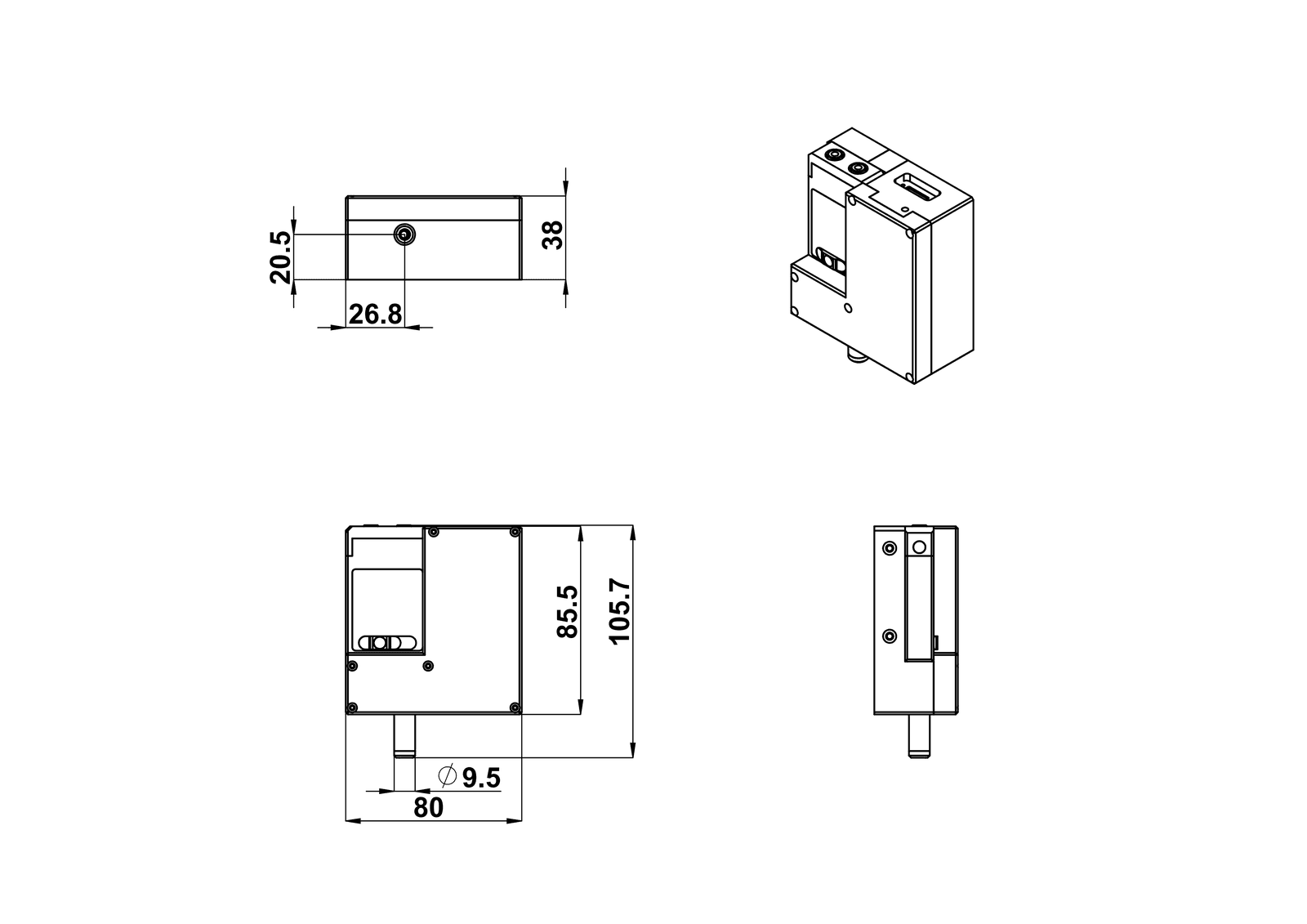 Imaging Raman probe dimension drawing, 105.7 × 80 × 38 mm