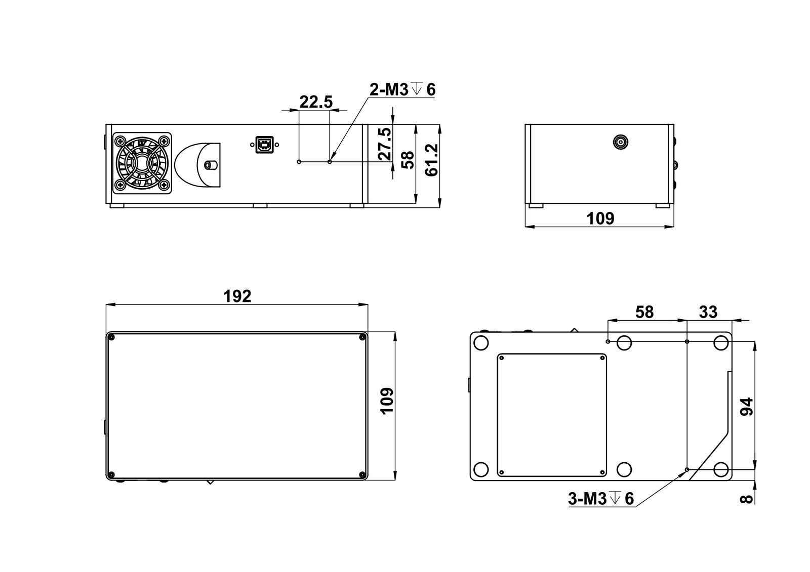 Metal spectrometer dimension drawing, 192 × 109 × 61.2 mm