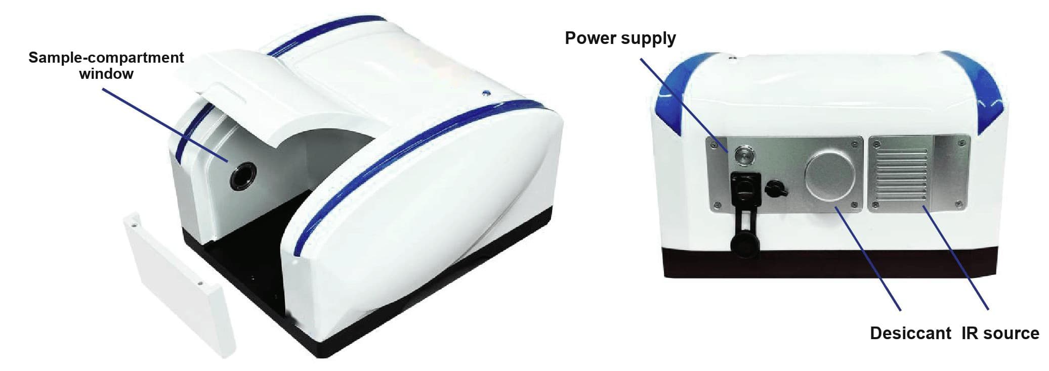 FI-RXF50 front and rear views showing the sample-compartment window, power supply, desiccant and IR source