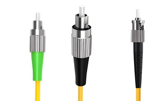 Optical Fiber Connectors: FC/APC (Green Boot), FC/PC (Black Boot), and SMA905 (Threaded)