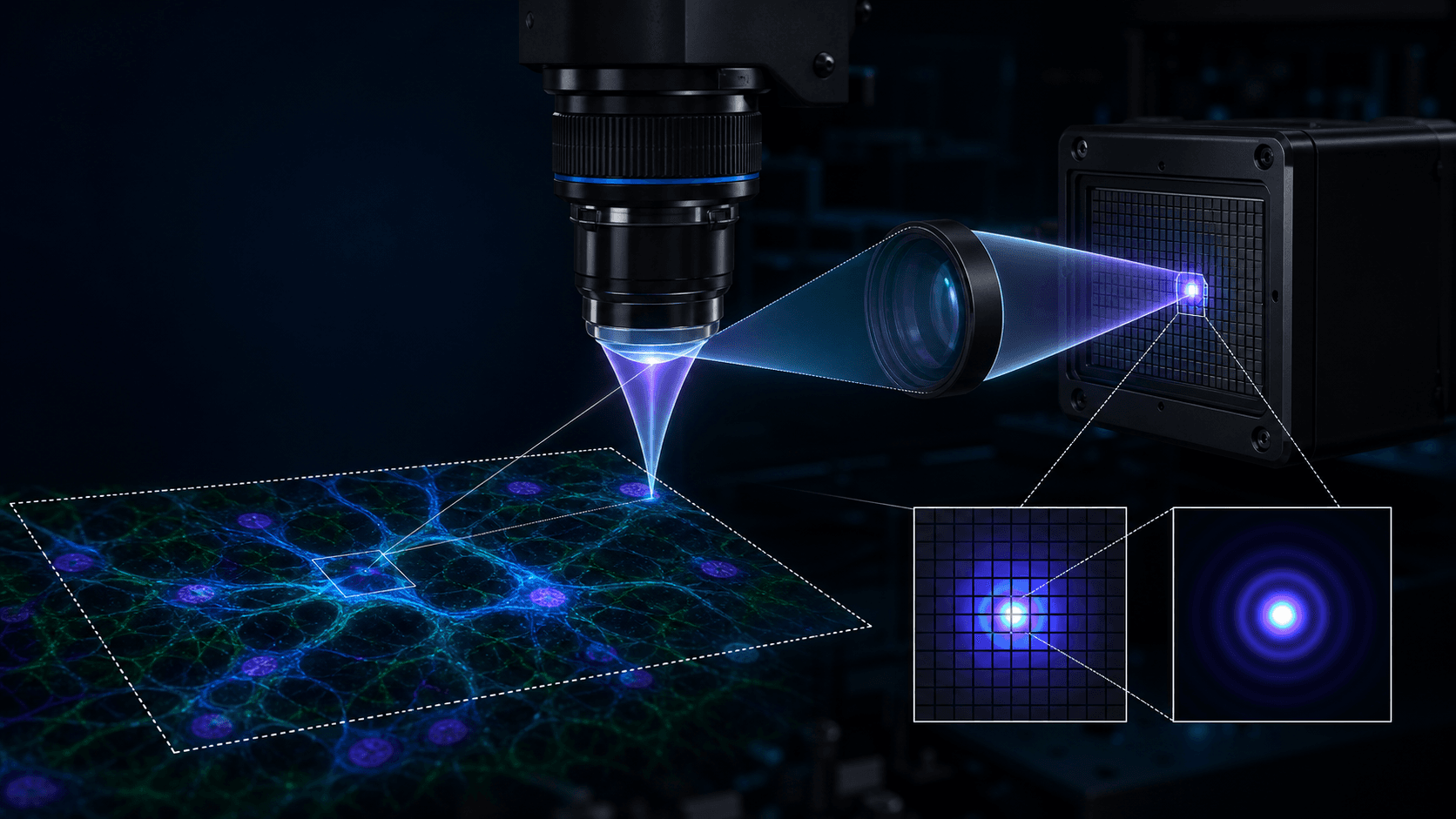 Microscope field of view and diffraction spot sampled by a scientific camera