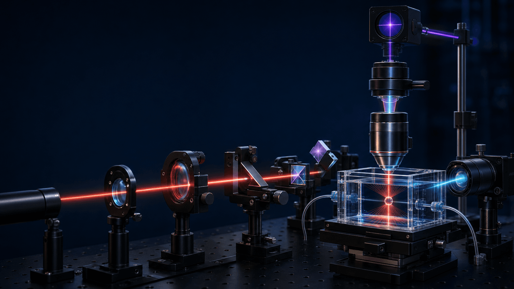 Optical tweezers holding a bead inside a microscope sample chamber