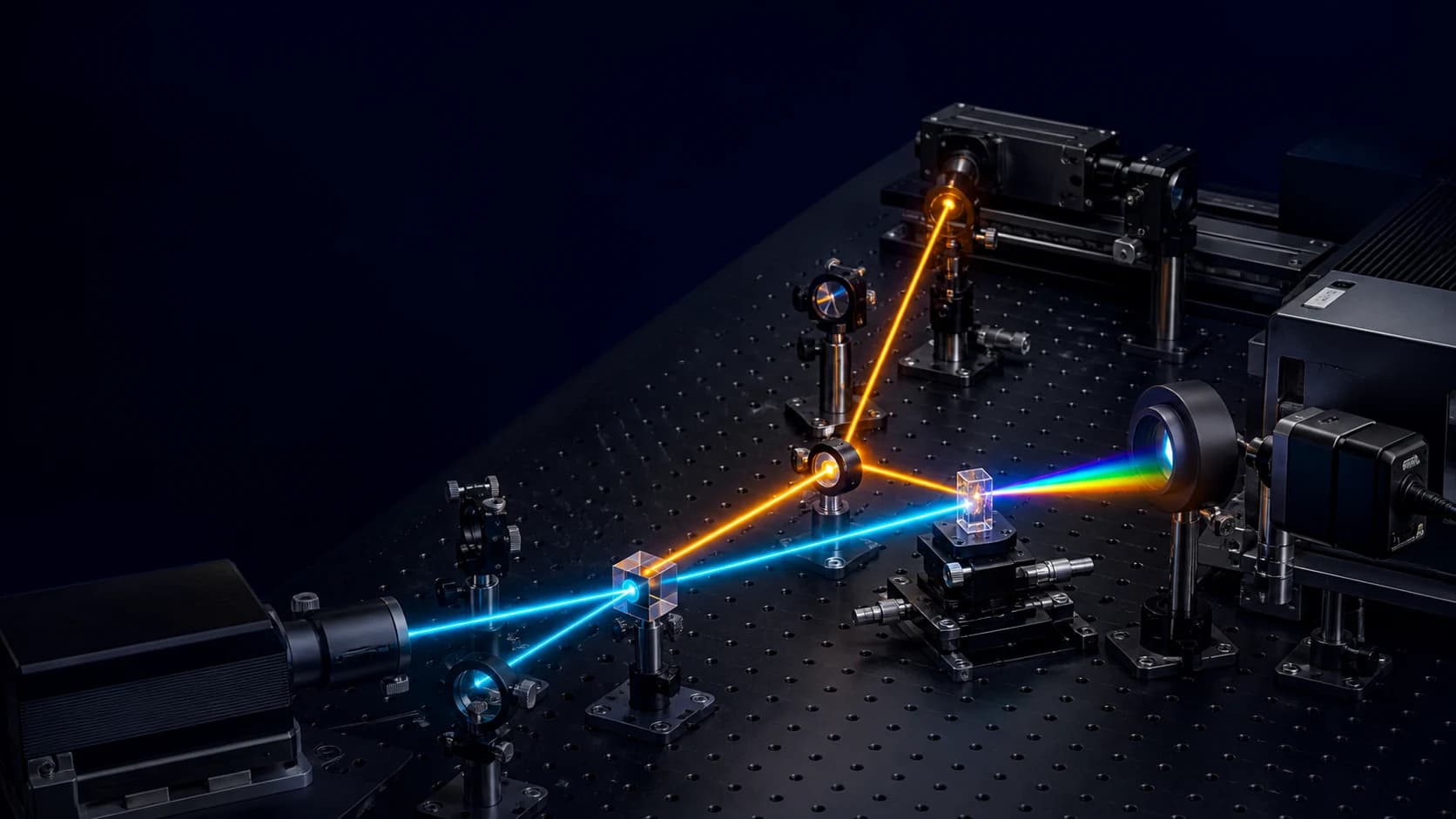 Ultrafast pump and probe beams crossing at a sample before spectral detection