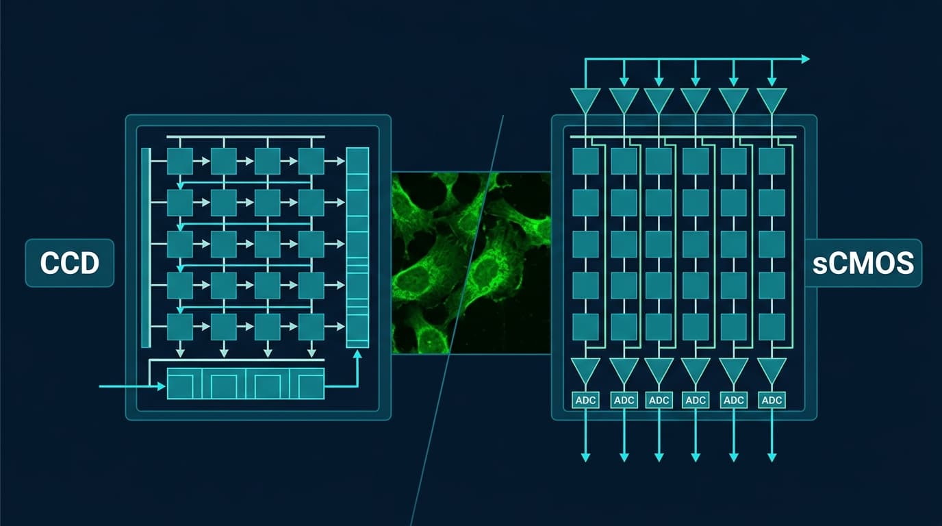 Split diagram comparing CCD serial readout and sCMOS parallel column readout architecture with fluorescence cell imagery