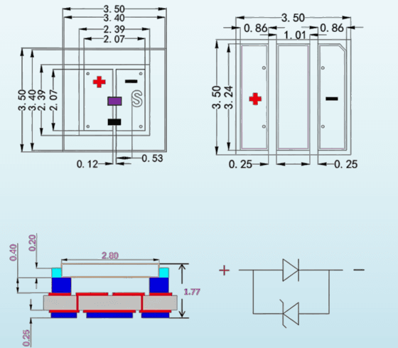 Emitter package geometry and electrical polarity; dimensions in millimeters. The carrier is a separate 20 mm hexagonal PCB.