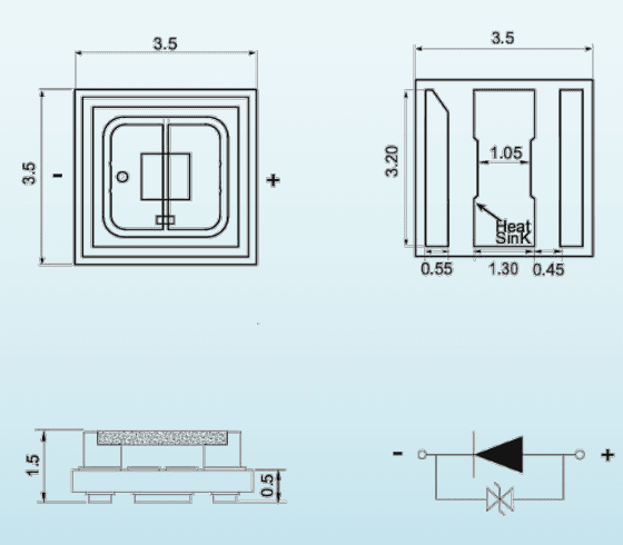 Emitter package geometry and electrical polarity; dimensions in millimeters. The carrier is a separate 20 mm hexagonal PCB.