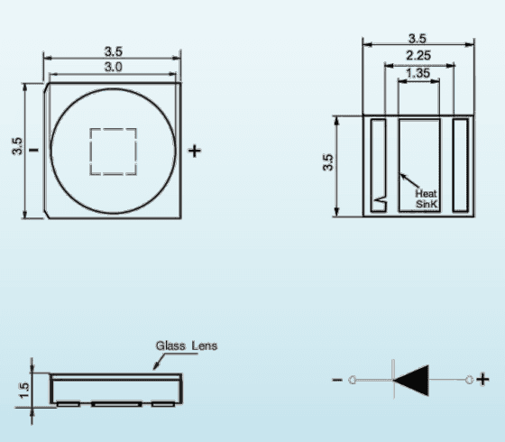 Emitter package geometry and electrical polarity; dimensions in millimeters. The carrier is a separate 20 mm hexagonal PCB.