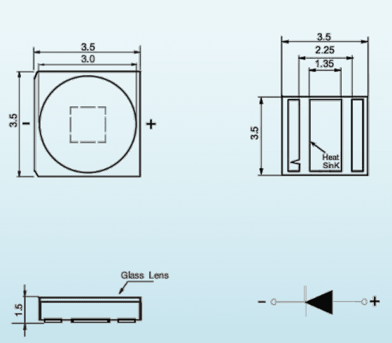 Emitter package geometry and electrical polarity; dimensions in millimeters. The carrier is a separate 20 mm hexagonal PCB.