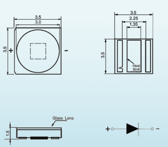 Emitter package geometry and electrical polarity; dimensions in millimeters. The carrier is a separate 20 mm hexagonal PCB.