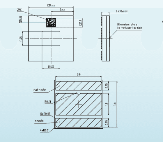 Emitter package geometry and electrical polarity; dimensions in millimeters. The carrier is a separate 20 mm hexagonal PCB.