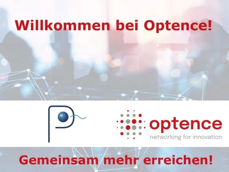 Optence welcome graphic with the Precisometer and Optence logos and the German messages “Willkommen bei Optence!” and “Gemeinsam mehr erreichen!”