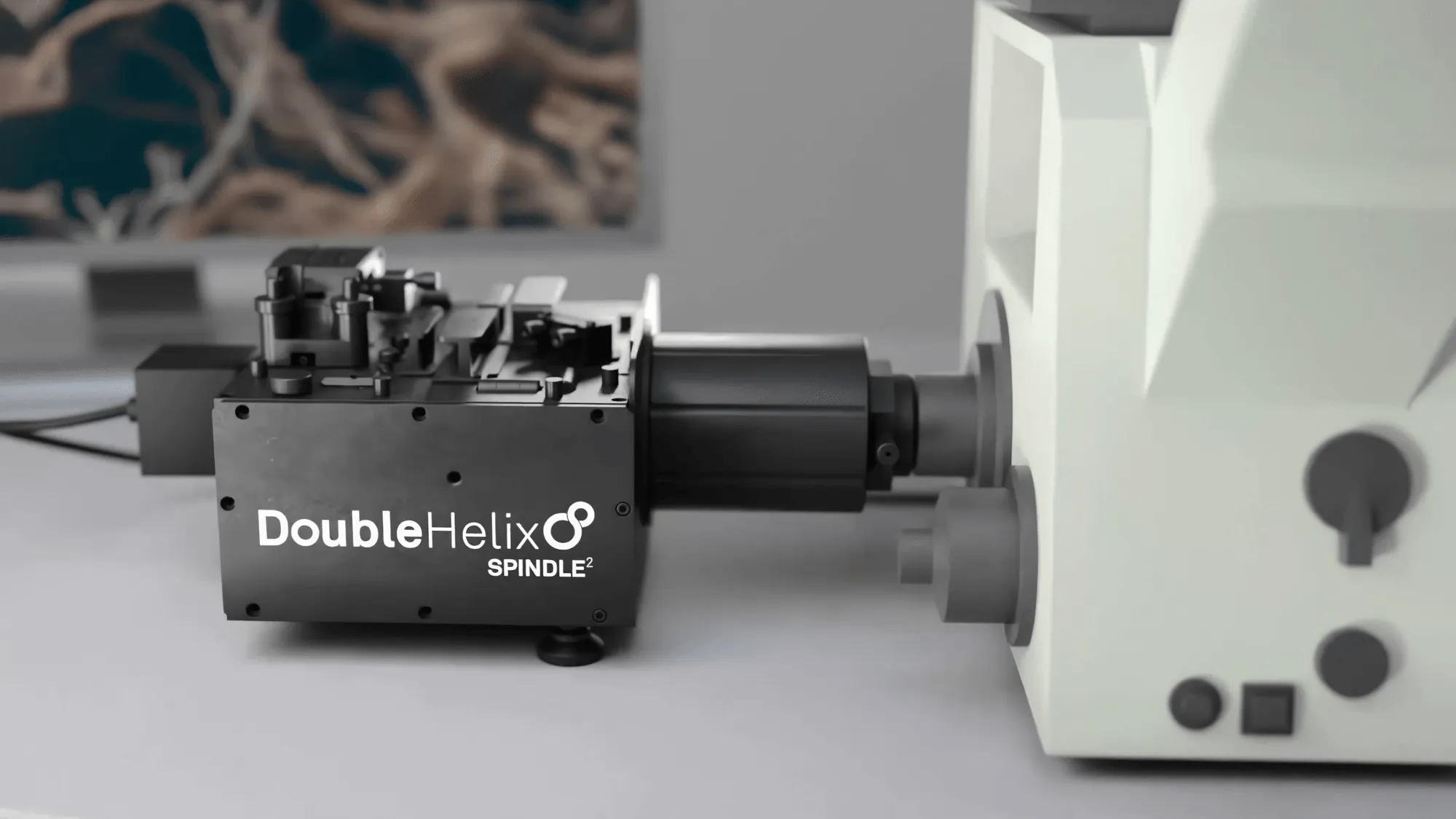 Double Helix Optics SPINDLE² dual-channel module connected to a microscope