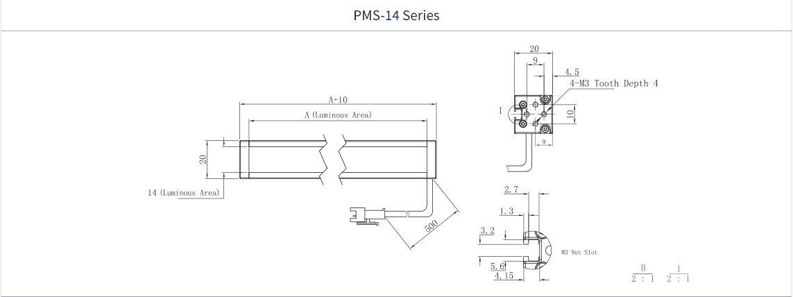 14 mm luminous-width bar series dimension drawing (mm); A is the model luminous length