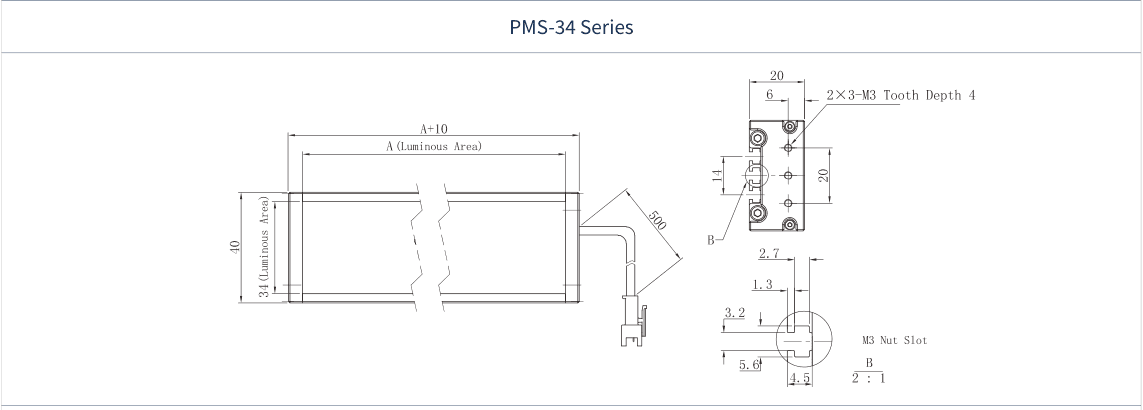 34 mm luminous-width bar series dimension drawing (mm); A is the model luminous length
