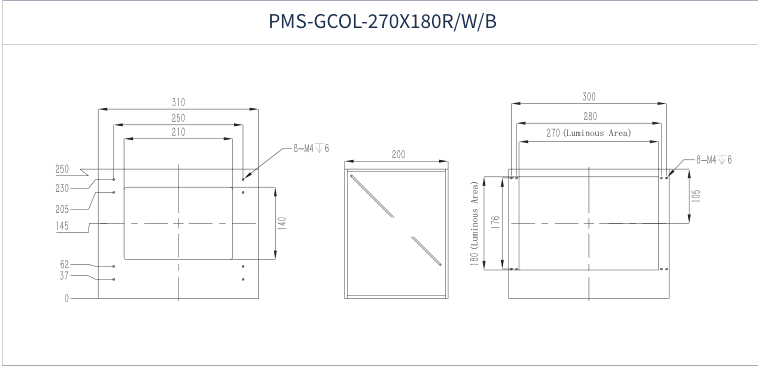 PMS-GCOL-270X180R/W/B dimension drawing (mm)