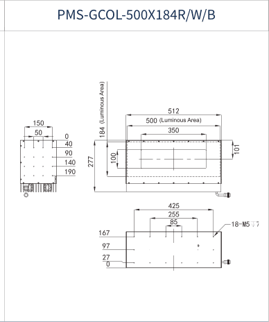 PMS-GCOL-500X184R/W/B dimension drawing (mm)