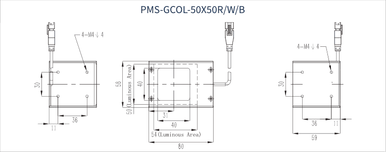 PMS-GCOL-50X50R/W/B dimension drawing (mm)