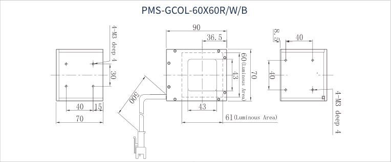 PMS-GCOL-60X60R/W/B dimension drawing (mm)